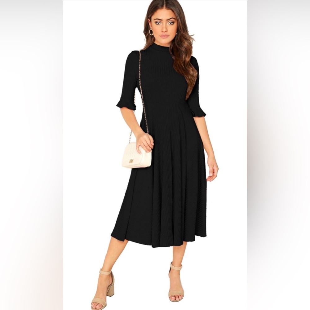 Verdusa Women's Elegant Ribbed Knit Bell Sleeve Fit and Flare Midi Dress